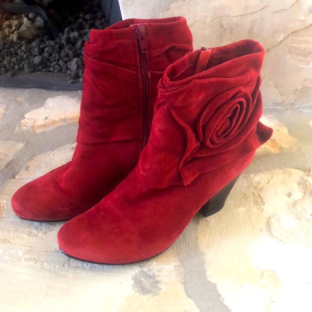 Beautiful red suede rose at ankle boots
